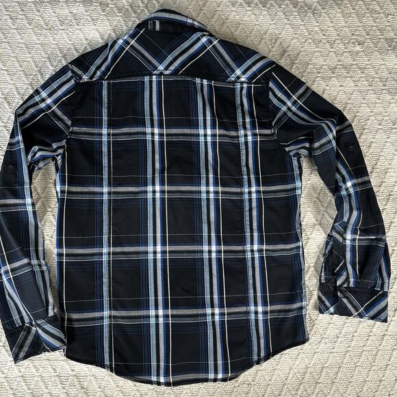 Carbon Men's Large Western Plaid Button Shirt Black Blue Long Sleeve - Picture 5 of 8